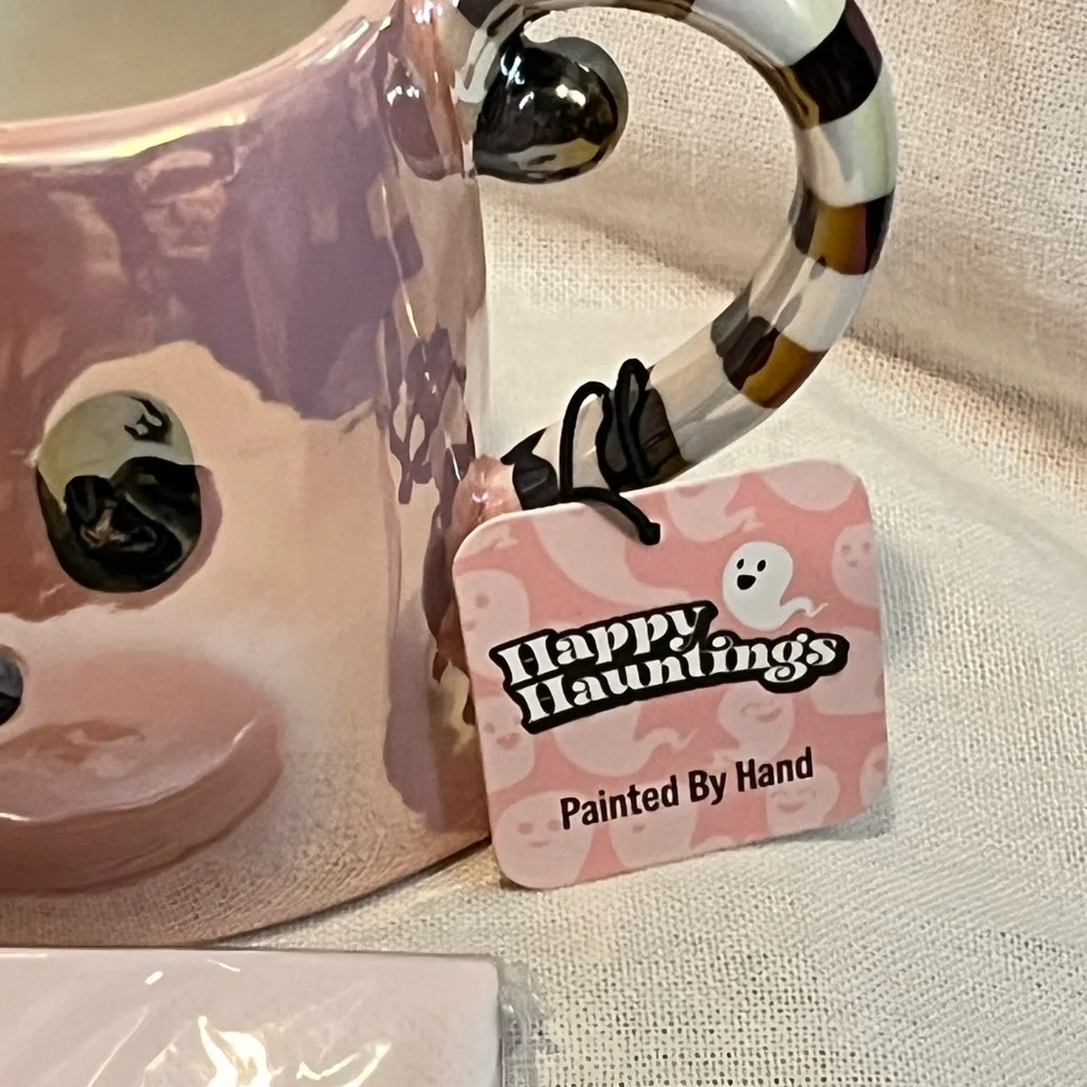 Hand-Painted Pink Ghost Mug and Haunted House Napkins Set